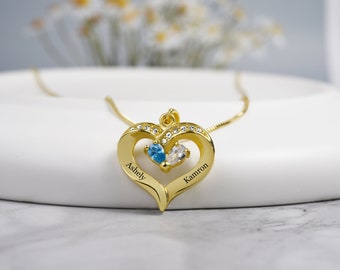 Personalized 2 Name Necklace with 2 Heart Simulated Birthstone for Women Heart Pendant Necklace for Girlfriend Mothers Pendant Necklace