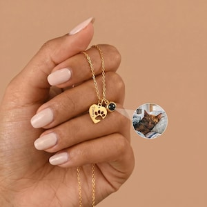 Peut inclure: Un collier doré avec un pendentif en forme de cœur orné d'une empreinte de patte et du nom "Timmy". Le collier comprend également un petit charme en pierre noire. Une petite image d'un chat est en arrière-plan.
