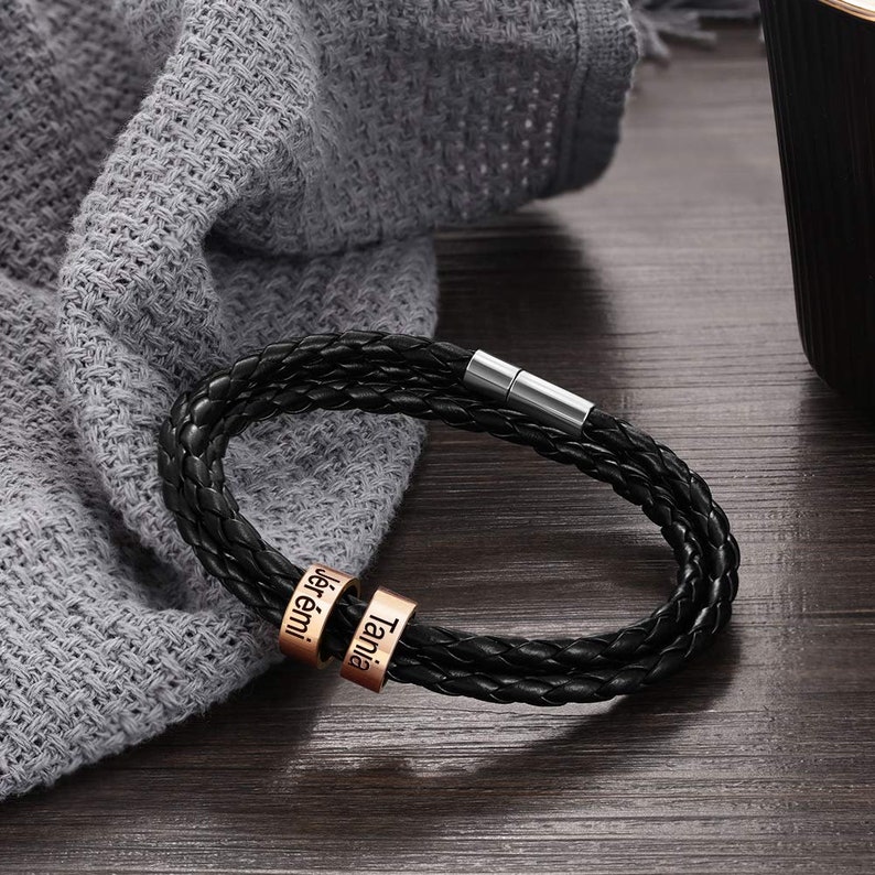 Personalized Mens Braided Leather Bracelet Custom Beads Name Etsy