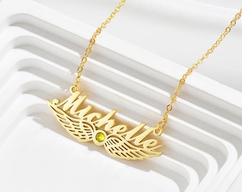 Custom Angle Wing Name Necklace, Birthstone Nameplate Necklace, Heart Name Necklace, Birthday Gift for Her, Mother's Day Gift, Gift for Mom