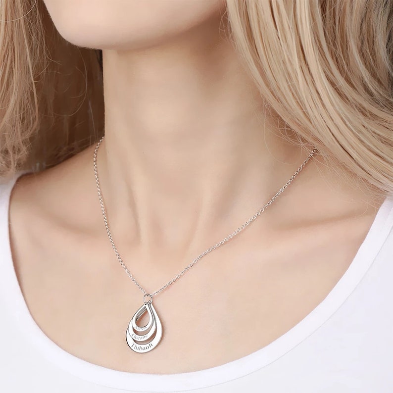 Personalized Dangle Drop Shape Engraved 3 Name Necklace \u2013 Custom Family Pendant