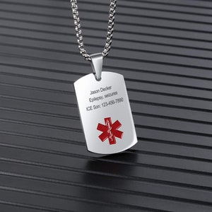 Custom Medical Alert Necklace for Men Women, Personalizded Engraved Medical ID Tag, Emergency Med Alert Necklace, Medical Alert Jewelry image 1