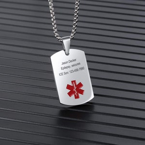 Collar de alerta médica personalizado para hombres y mujeres, etiqueta de identificación médica grabada personalizada, collar de alerta médica de emergencia, joyería de alerta médica imagen 1