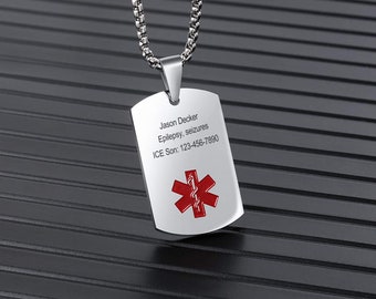 Collar de alerta médica personalizado para hombres y mujeres, etiqueta de identificación médica grabada personalizada, collar de alerta médica de emergencia, joyería de alerta médica