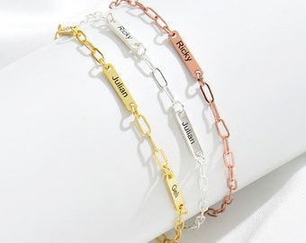 Engraved Name Bracelet, Custom Mini Name Bar Bracelet, Charm Bracelet with Dainty Paperclip Chain, Mom Gift, Birthday Gift, Christmas Gift