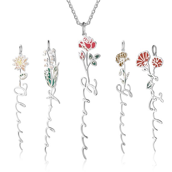 Colorful Birth Flower Name Necklace Personalized Necklace Etsy