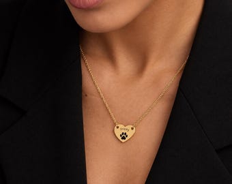 Custom Actual Pet Paw Print Heart Necklace, Dog Cat Pawprint Necklace, Engraved Name Pet Memorial Necklace, Pet Mom Gift, Loss of Pet Gift