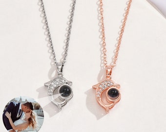 Dophin Shape Photo Projection Necklace, Personalized Photo Necklace, Memorial Photo Pendant, Gift for Her, Mom Necklace, Valentine Day Gift