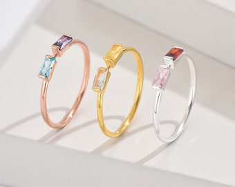 Bague de naissance duo baguette, cadeau meilleure amie, cadeau d'anniversaire, bague réglable avec pierres précieuses personnalisées, cadeau bijoux pour la fête des mères