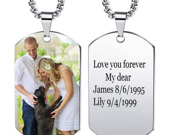 Custom Photo Dog Tag Pendant Necklace Engraving Date/Text/Pictures Stainless Steel Personalized Necklace for Men Women Boys Girls