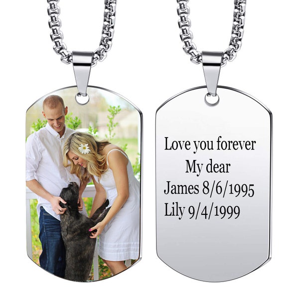 Collier photo personnalisé avec pendentif médaille pour chien, date de gravure/texte/images, collier personnalisé en acier inoxydable pour hommes femmes garçons filles