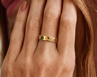 Personalized Paw Print Ring, Custom Pet Name Ring with Birthstone, Pet Memorial Stacking Ring, Pet Mom Gift, Loss of Dog Gift