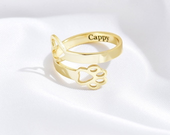 Anello con nome personalizzato per zampa e cuore di animali domestici, Anello con nome per animali domestici, Anello commemorativo per animali domestici, Regalo personalizzato per gioielli per animali domestici per amante degli animali domestici, Anello per mamma cane, Regalo per la festa della mamma