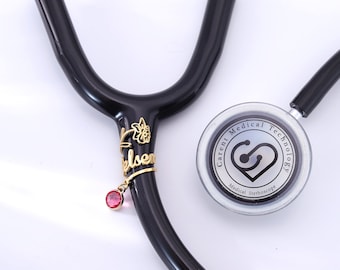 Stethoscope Name Tag Personalized,Stethoscope Charms ID Tag with Birthstone&Birth Flower, Gifts for Nurses, Doctors, RN, Medical Students