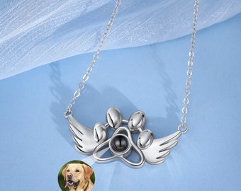 Paw Angle Wing Photo Projection Necklace, Personalized Photo Necklace, Memorial Photo Pendant, Gift for Pet Lover, Custom Pet Photo Necklace