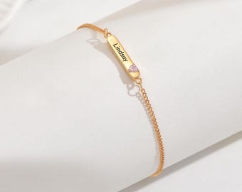 Name Bar Birthstone Bracelet, Dainty Charm Bracelet with Gemstones, Engraved Name Bracelet, Gift for Mom, Christmas Birthday Gift for Her