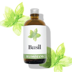 May include: A brown glass bottle with a silver lid and a white label. The label features a green basil leaf illustration and the text "Basil" and "BLESSMANS".