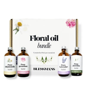 May include: A set of four 10ml bottles of pure essential oils in a box. The bottles are labelled with the names of the oils: Chamomile, Geranium, Lavender, and Jasmine. The box is decorated with floral illustrations and the text "Floral oil bundle".