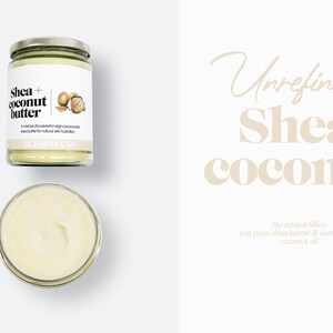 Pode incluir: Um frasco de vidro de manteiga de karit&eacute; e coco n&atilde;o refinado. O r&oacute;tulo diz "Shea + coconut butter" e "BLESSMAN." O frasco est&aacute; sobre uma superf&iacute;cie branca.