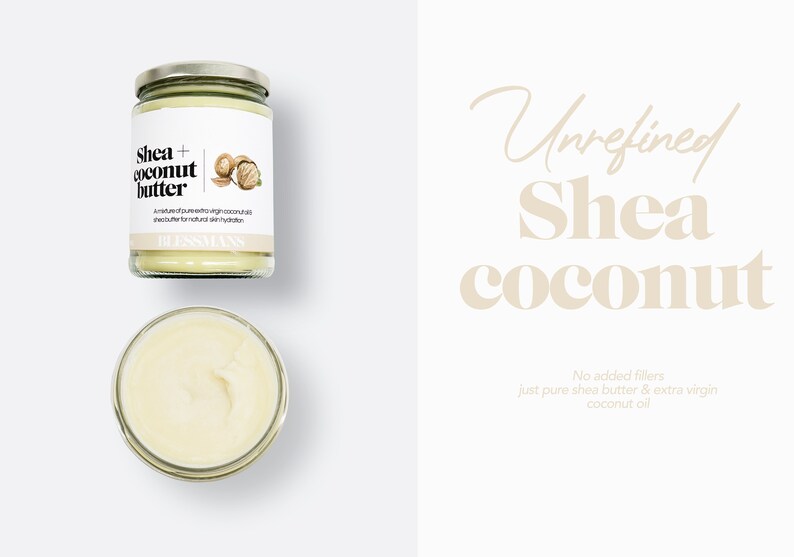 Pode incluir: Um frasco de vidro de manteiga de karit&eacute; e coco n&atilde;o refinado. O r&oacute;tulo diz "Shea + coconut butter" e "BLESSMAN." O frasco est&aacute; sobre uma superf&iacute;cie branca.