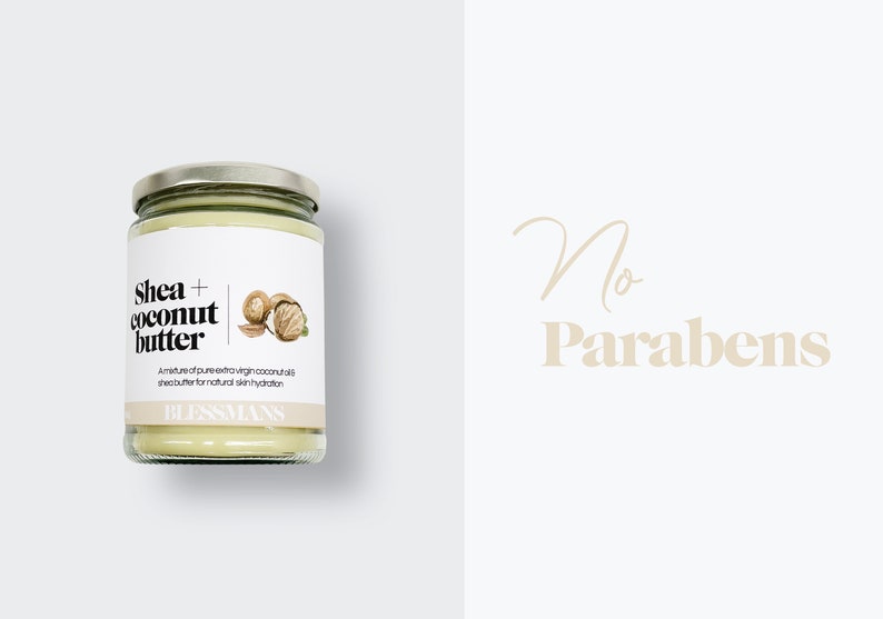 Pode incluir: Um frasco de vidro com tampa prateada cheio de manteiga de karit&eacute; e coco de cor amarelo claro. O r&oacute;tulo diz "Shea + coconut butter" e "A mixture of pure extra virgin coconut oil shea butter for natural skin hydration" com o nome da marca "BLESSMANS". O texto "No Parabens" est&aacute; escrito em marrom claro sobre um fundo branco.