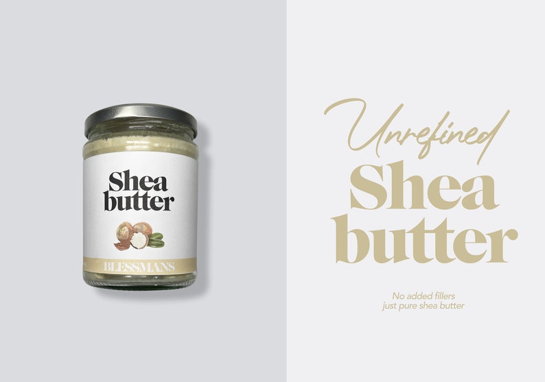 May include: A glass jar of unrefined shea butter with a white label that says "Shea butter" and has a drawing of shea nuts. The label also says "Blessmans". The background is white.