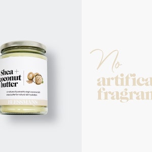 Pode incluir: Um frasco de vidro de manteiga de karit&eacute; e coco com um r&oacute;tulo branco que diz "Shea + coconut butter" e "Uma mistura de &oacute;leo de coco extra virgem puro e manteiga de karit&eacute; para uma hidrata&ccedil;&atilde;o natural da pele." O r&oacute;tulo tamb&eacute;m apresenta um desenho de dois cocos. O frasco est&aacute; sobre uma superf&iacute;cie branca. O texto "No artificial fragrances" est&aacute; escrito em marrom claro sobre um fundo branco.
