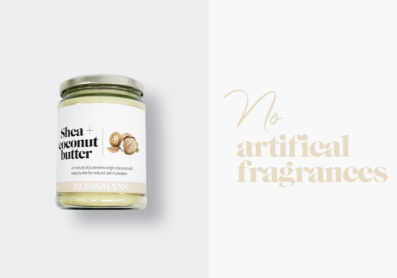 Pode incluir: Um frasco de vidro de manteiga de karit&eacute; e coco com um r&oacute;tulo branco que diz "Shea + coconut butter" e "Uma mistura de &oacute;leo de coco extra virgem puro e manteiga de karit&eacute; para uma hidrata&ccedil;&atilde;o natural da pele." O r&oacute;tulo tamb&eacute;m apresenta um desenho de dois cocos. O frasco est&aacute; sobre uma superf&iacute;cie branca. O texto "No artificial fragrances" est&aacute; escrito em marrom claro sobre um fundo branco.
