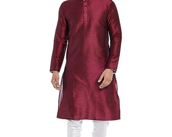 Men&#39;s Silk Kurta: Solid Color Loose Fit Tunic, Wedding Party Wear