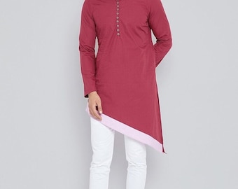 Men&#39;s Cotton Kurta: Indian Casual Tunic Shirt, Bohemian Style