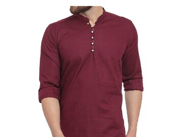 Maroon Cotton Kurta Shirt: Indian Wedding Wear, Plus Size