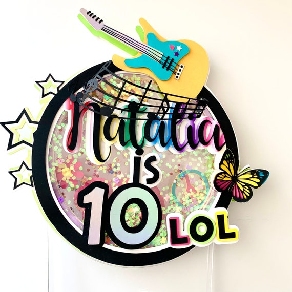 Neon Cake Topper, Glow in the Dark, Birthday Party, Holographic Party Decorations, Music Cake Topper, Hot Pink Teen Party Il_570xn