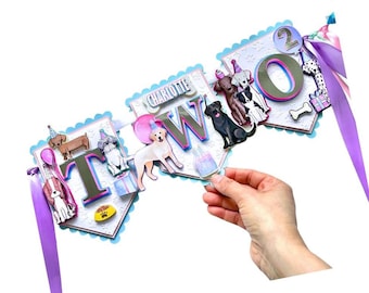 TWO Puppy High Chair Banner, Dog Birthday Party Decorations, Puppy Theme Banner, Dog Party Invite, Puppy Party Decor, Let's Pawty