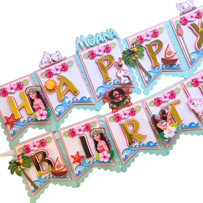 May include: A colorful banner with the words "HAPPY BIRTHDAY MOANA" in gold, pink, and blue. The banner features images of characters, flowers, and tropical elements. Perfect for a Moana-themed birthday party.