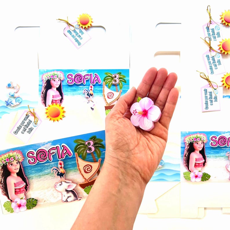 May include: A light pink hibiscus flower is held in a hand, with party favor boxes in the background. The boxes feature a cartoon of a girl, the name "SOFIA", and the number "3". Decorative tags and sun-shaped cutouts are also present.