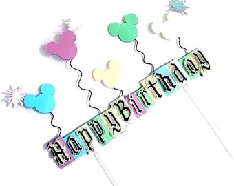 Adorno vintage para tarta de Disneyland en tonos pastel, decoración para fiesta de cumpleaños de Minnie Mouse, ¡El cumpleaños más feliz del mundo!, adorno de globos con la cabeza de Mickey.
