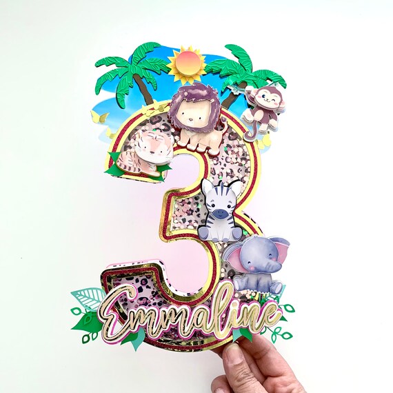 Safari Themed Wild Happy Birthday Age Cake Topper, Safari Party Decoration, Jungle Theme, Jungle Animals Topper, Green or Pink color Il_570xn