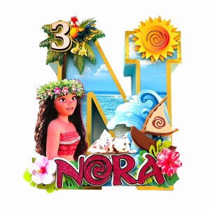 May include: A colorful birthday cake topper featuring the name "Nora" in glittery red letters, a cartoon character, a boat, and a number 3. The background includes a blue ocean and a yellow sun.