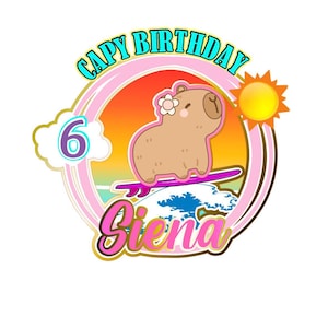 Surfing Capybara Cake Topper: Custom Birthday Party Decoration