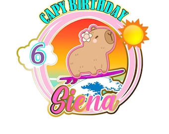 Surfing Capybara Cake Topper: Custom Birthday Party Decoration