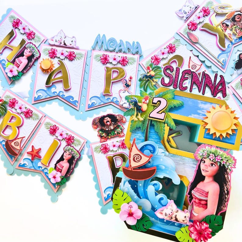 May include: A colorful birthday banner and cake topper set featuring characters and elements from the animated film Moana. The banner spells out "Happy Birthday Sienna" with decorative accents, and the cake topper includes a wave, boat, and Moana characters.