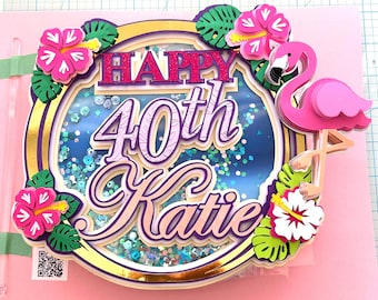 Flamingo-Kuchenaufsatz, tropische Geburtstagsdekoration, Kuchenaufsatz mit Flamingo-Motiv, tropische Partydeko, Flamingo-Partydeko