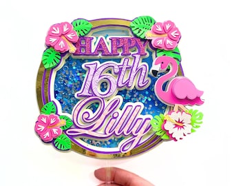 Flamingo cake topper, Tropical birthday decoration, Hawaiian Custom Cake Topper, Luau Theme Party Supplies