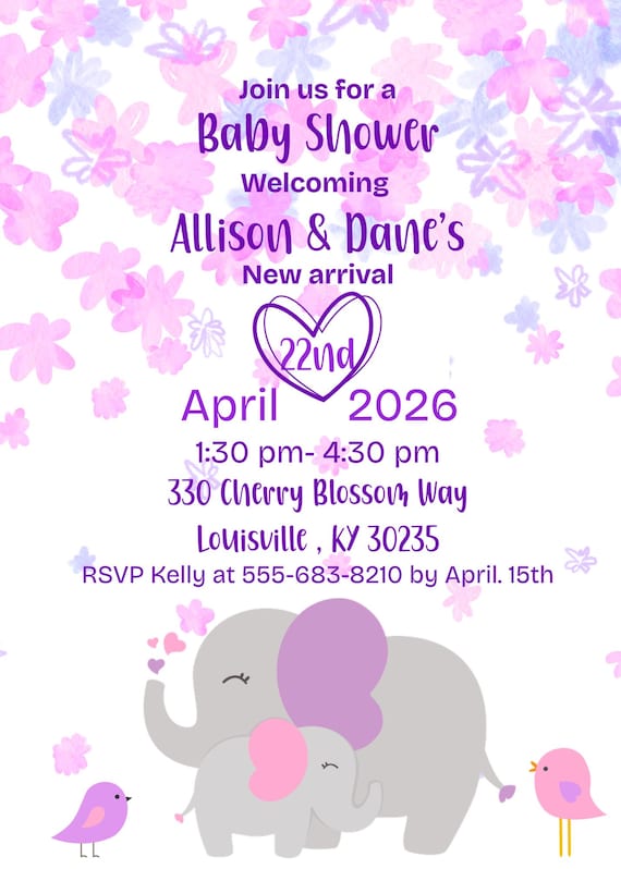 Elephants and Blossoms Baby Shower Invitation Bundle (Baby Girl)