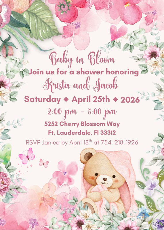 Baby in Bloom Invitation Bundle • Floral Teddy Bear Girl Shower (Digital Download)