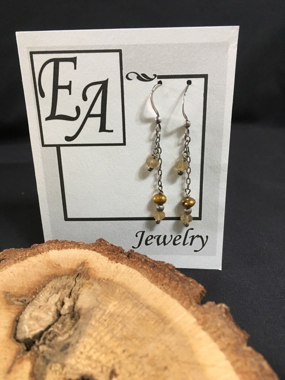 Silver Dangle Pearl Citrine Earrings Small Gold Freshwater Etsy