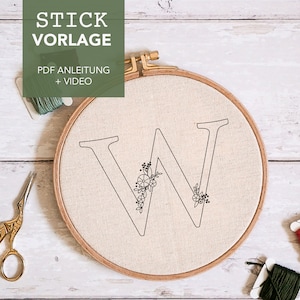 Embroidery template letter &quot;W&quot; monogram with instructions and video tutorials as digital download