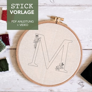 Embroidery template letter &quot;M&quot; monogram with instructions and video tutorials as digital download