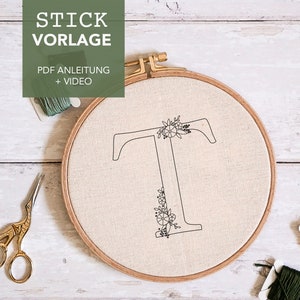 Embroidery template letter &quot;T&quot; monogram with instructions and video tutorials as digital download