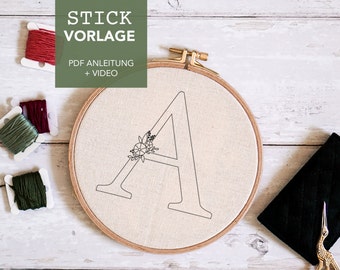 Embroidery template letter "A" monogram with instructions and video tutorials as digital download
